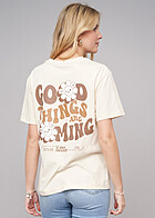 Cloud5ive Damen Oversized T-Shirt mit Rundhals und Good Things Back Print beige
