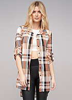Cloud5ive Damen Bluse mit Turn-Up-rmeln und Vokuhila Schnitt Karomuster camel braun