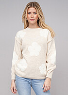 Cloud5ive Damen Strickpullover Sweater mit Blumen-Motiv und Rundhals beige weiss