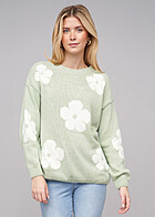 Cloud5ive Damen Strickpullover Sweater mit Blumen-Motiv und Rundhals mint grn weiss