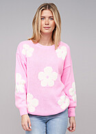 Cloud5ive Damen Strickpullover Sweater mit Blumen-Motiv und Rundhals coral rosa weiss