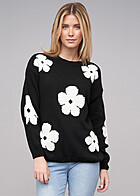 Cloud5ive Damen Strickpullover Sweater mit Blumen-Motiv und Rundhals schwarz weiss