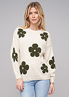 Cloud5ive Damen Strickpullover Sweater mit Blumen-Motiv und Rundhals beige military grn