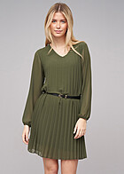 Cloud5ive Damen Langarm Plissee Kleid 2-lagig mit Grtel military grn