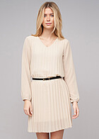 Cloud5ive Dames 2-laags geplooide jurk met lange mouwen en riem beige