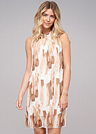 Cloud5ive Damen Choker Kleid 2-lagig mit All-Over Print Abstrakt camel braun weiss