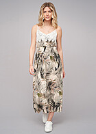 Cloud5ive Damen Maxikleid mit Hkelbordre und Palmen Print beige