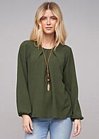 Cloud5ive Damen Bluse mit Kette und Knopfverschluss hinten military grn