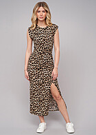 Cloud5ive Damen Maxikleid seitl. Schlitz und All-Over Leo-Print braun schwarz