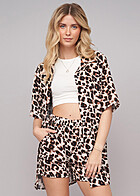 Cloud5ive Dames Luipaardprint set blouse met knoopsluiting en shorts zwart beige