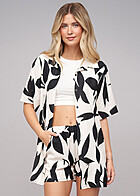 Cloud5ive Damen Floral Print Set Bluse mit Knopfleiste und Shorts schwarz braun