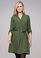 Cloud5ive Dames Musselin Jurk met Turn-Up Mouwen incl. Riem military groen