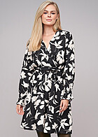 Cloud5ive Dames Lange Mouw Jurk Wickeloptiek met Bloemen Print incl Bindceintuur beige zwart