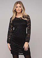 Cloud5ive Damen Langarm Spitzenkleid 2-lagig schwarz