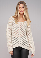 Cloud5ive Damen Sweater Pullover mit Lochstrickmuster beige