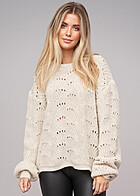 Cloud5ive Damen Sweater Pullover mit Lochstrickmuster beige