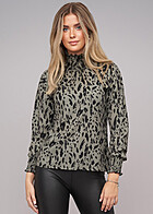 Cloud5ive Damen Langarm Choker Bluse mit Leo Print grn schwarz