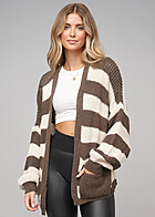 Cloud5ive Damen Strickjacke Cardigan mit Streifenmuster beige dunkel braun