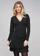 Cloud5ive Damen Langarm Kleid mit Spitze und V-Neck schwarz