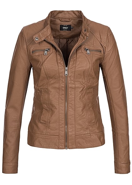 ONLY Damen Kunstleder Biker Jacke 2-Pockets petite cognac braun