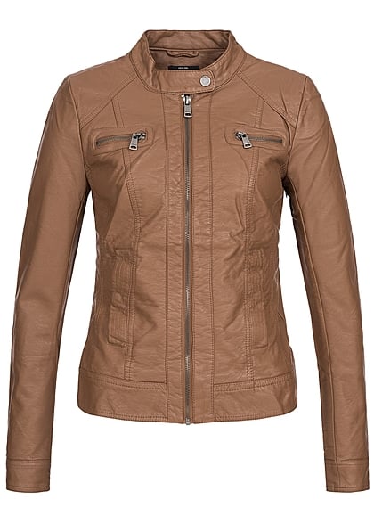 ONLY Damen Kunstleder Biker Jacke 2-Pockets petite cognac braun