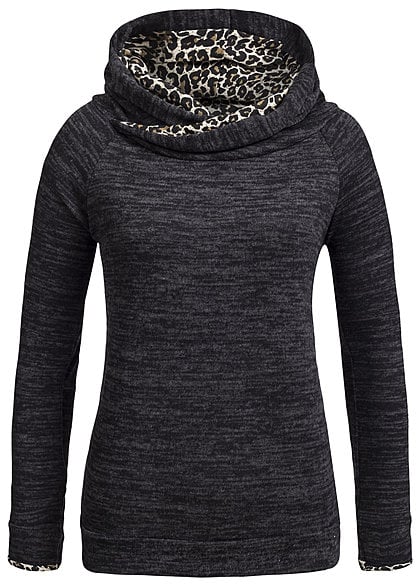 Styleboom Fashion Damen Melange Hoodie Leo-Print Kapuze schwarz dunkel grau