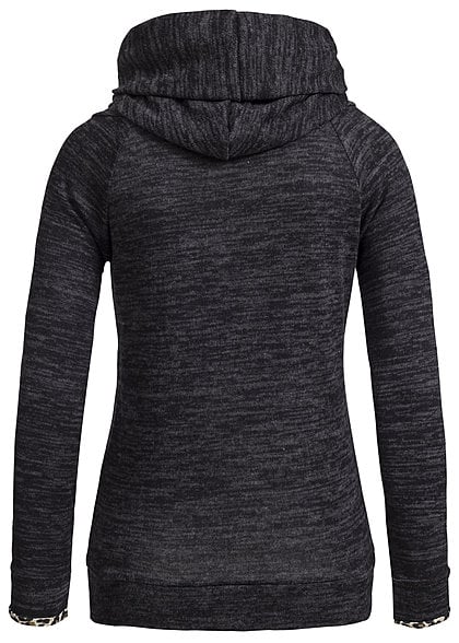 Styleboom Fashion Damen Melange Hoodie Leo-Print Kapuze schwarz dunkel grau
