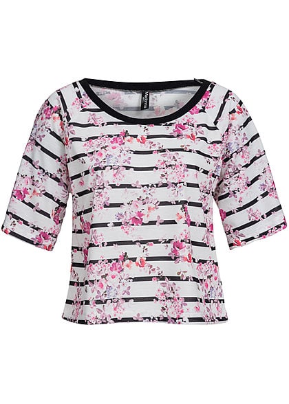 Madonna Shirt FINJA 40-8009 Streifen Blumen Muster lockerer Schnitt weiss pink