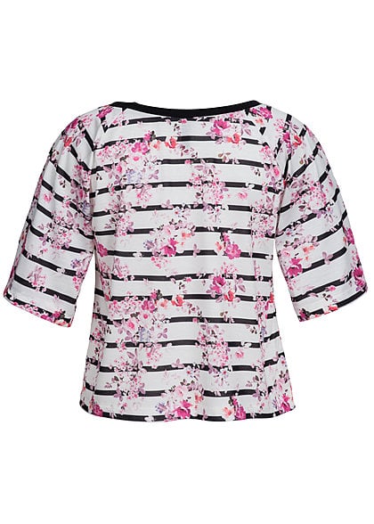 Madonna Shirt FINJA 40-8009 Streifen Blumen Muster lockerer Schnitt weiss pink
