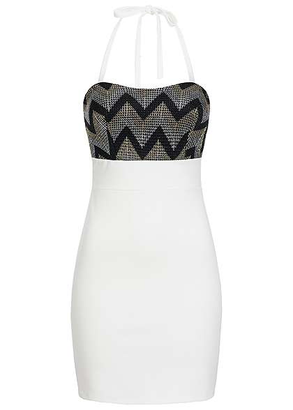 Styleboom Fashion Damen Mini Neckholder Kleid Brustpads Zipper Glitter Optik weiss