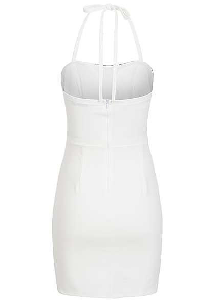 Styleboom Fashion Damen Mini Neckholder Kleid Brustpads Zipper Glitter Optik weiss