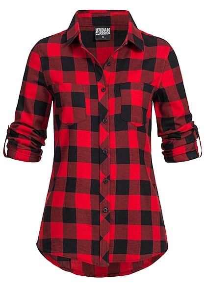 Urban Classics Dames omgeslagen blouse met ruitjesmotief zwart rood - Art.-Nr.: 16127376