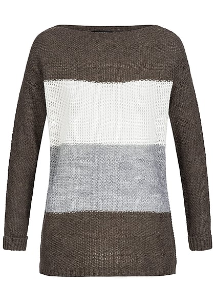 Styleboom Fashion Damen Strick Sweater gestreift lockerer Schnitt dunkel braun off weiss