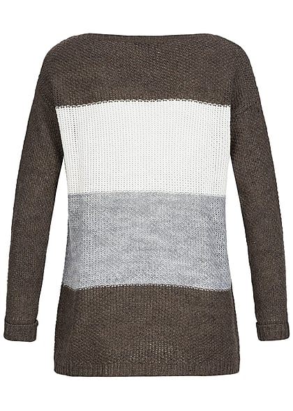 Styleboom Fashion Damen Strick Sweater gestreift lockerer Schnitt dunkel braun off weiss