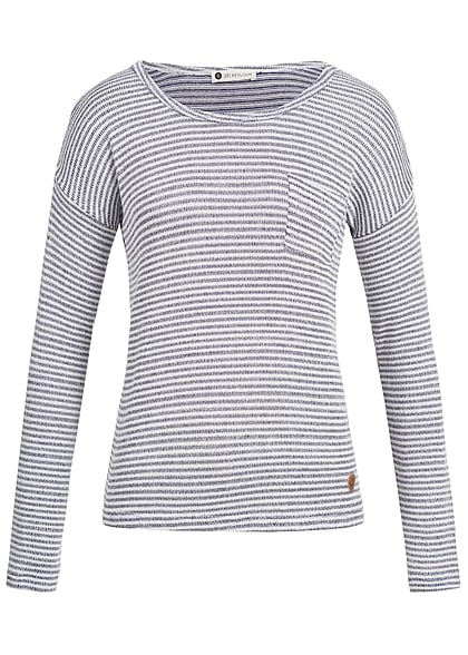 Aiki Damen Strickpullover Longsleeve Streifen Muster kleine Brusttasche blau weiss