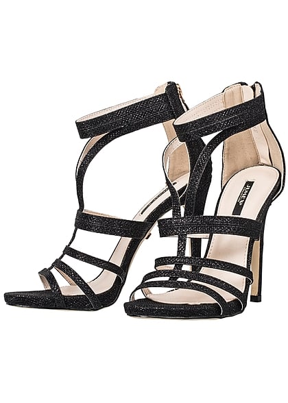 Seventyseven Lifestyle Schuh Damen Stiletto Sandalette Absatz 12cm Glitzer schwarz