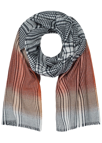 ONLY Damen Schal Fransen kariertes Muster grau rot braun