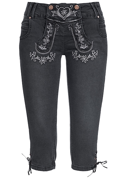 Hailys Damen Trachten 3/4 Jeans mit Stickerei 5-Pockets schwarz