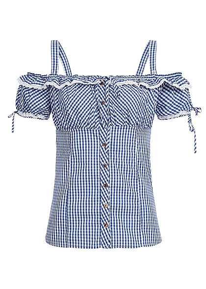 Hailys Damen Trachten Bluse Off Shoulder Knopfleiste Rüschen kariert blau weiss