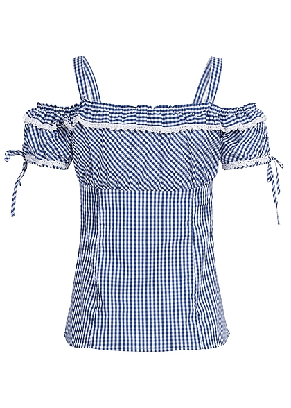 Hailys Damen Trachten Bluse Off Shoulder Knopfleiste Rüschen kariert blau weiss