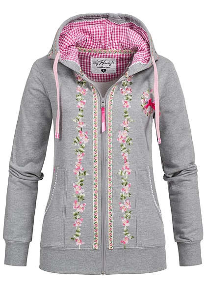 Hailys Damen Trachten Sweat Jacke Zip Hoodie Stickerei 2 Taschen hell grau rosa