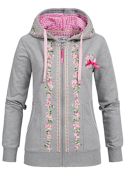 Hailys Damen Trachten Sweat Jacke Zip Hoodie Stickerei 2 Taschen hell grau rosa