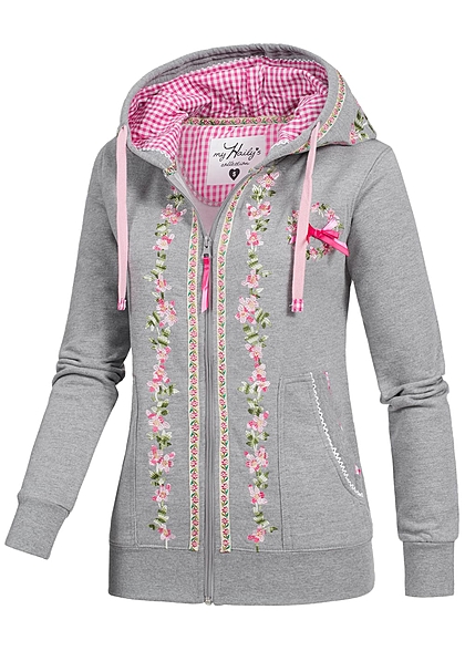 Hailys Damen Trachten Sweat Jacke Zip Hoodie Stickerei 2 Taschen hell grau rosa