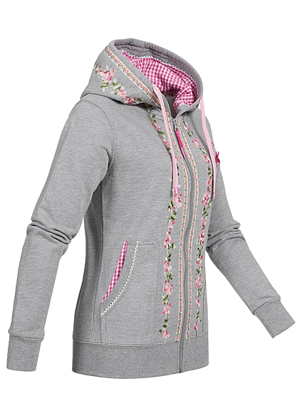 Hailys Damen Trachten Sweat Jacke Zip Hoodie Stickerei 2 Taschen hell grau rosa