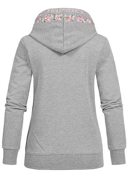 Hailys Damen Trachten Sweat Jacke Zip Hoodie Stickerei 2 Taschen hell grau rosa
