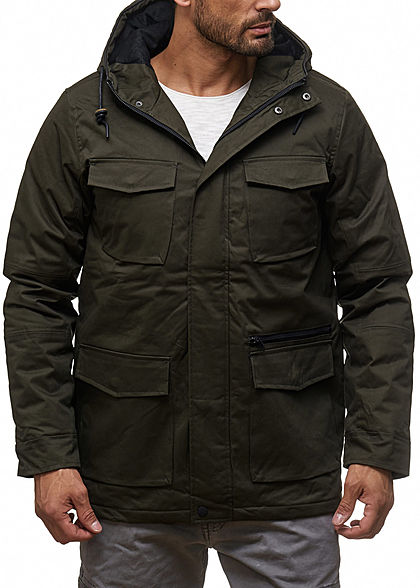 Seventyseven Lifestyle Herren Winter Jacke Kapuze 4-Pockets 1 Zip Tasche olive grn - Art.-Nr.: 17094717