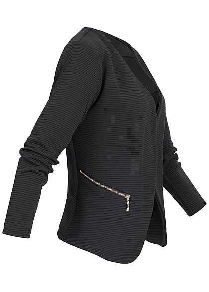 Styleboom Fashion Dames Ribbed Blazer 2-Zip Pockets zwart