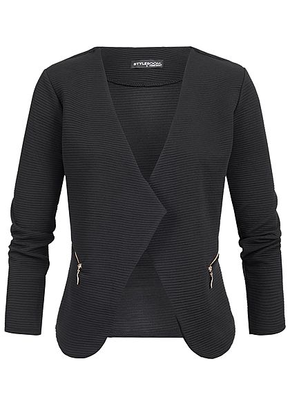 Styleboom Fashion Dames Ribbed Blazer 2-Zip Pockets zwart