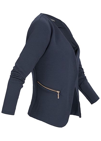 Styleboom Fashion Dames Ribbed Blazer 2-Zip Pockets navy blauw