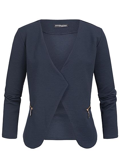 Styleboom Fashion Dames Ribbed Blazer 2-Zip Pockets navy blauw